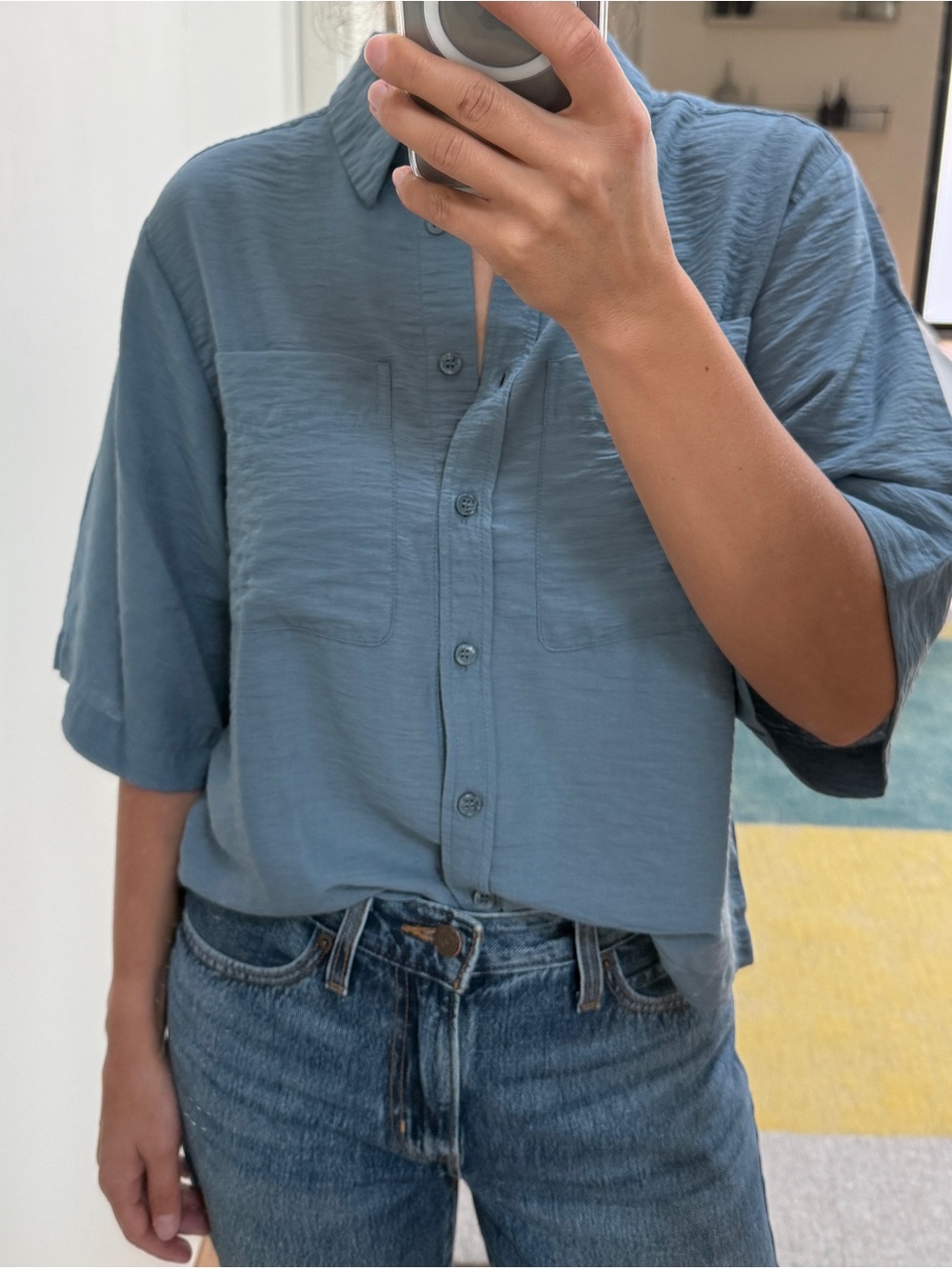 ICHI Blue Mirage Boxy Short Sleeve Button-Up Shirt Size 34